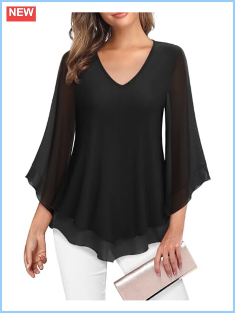 Womens Dressy Mesh Blouse Ruffled 3/4 Bell Sleeve Tunic Top